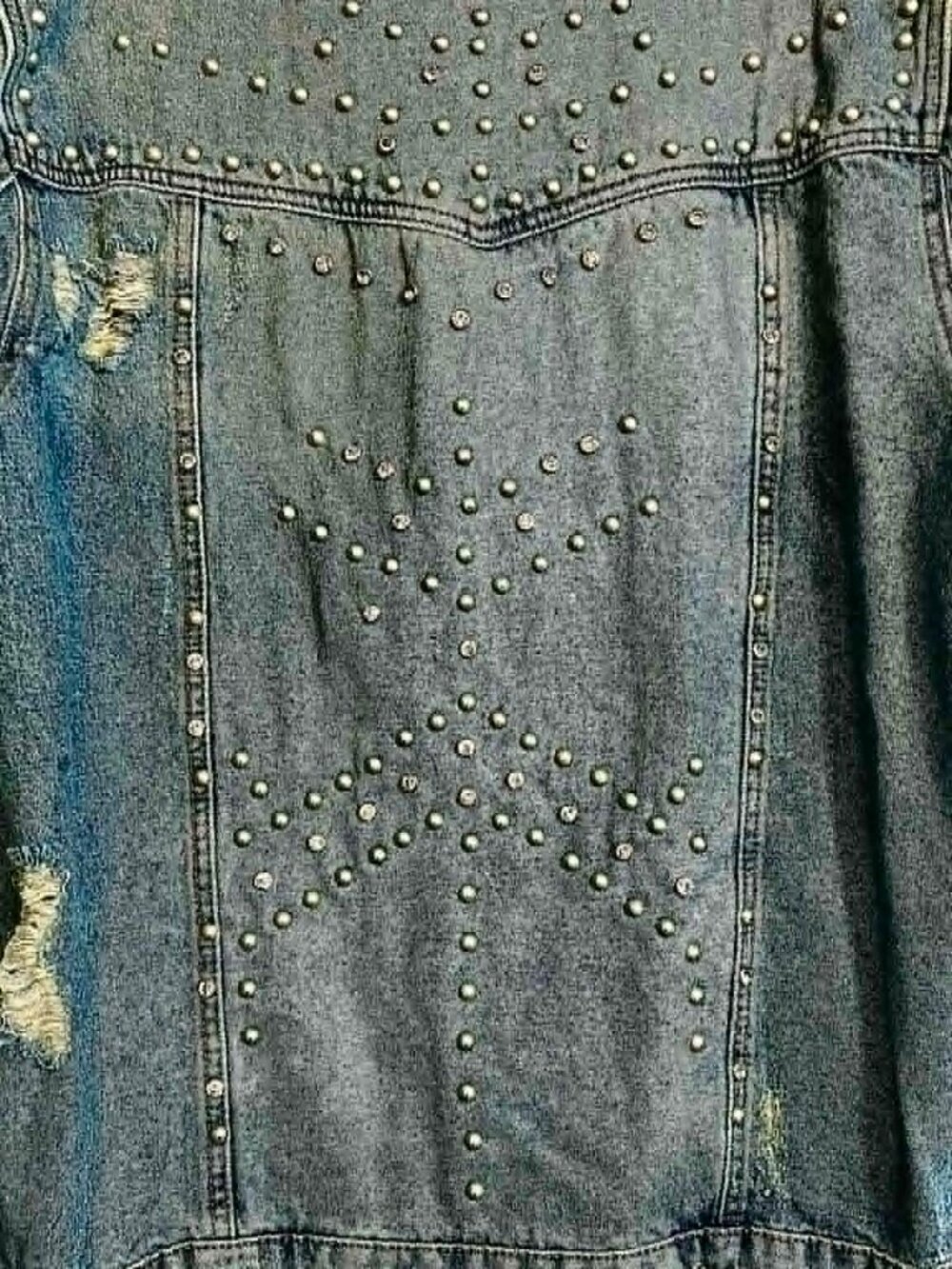 NWT BLANK NYC Pearl Rhinestone Studded Denim Jean Jacket Distressed Faded Blue L - Picture 6 of 8